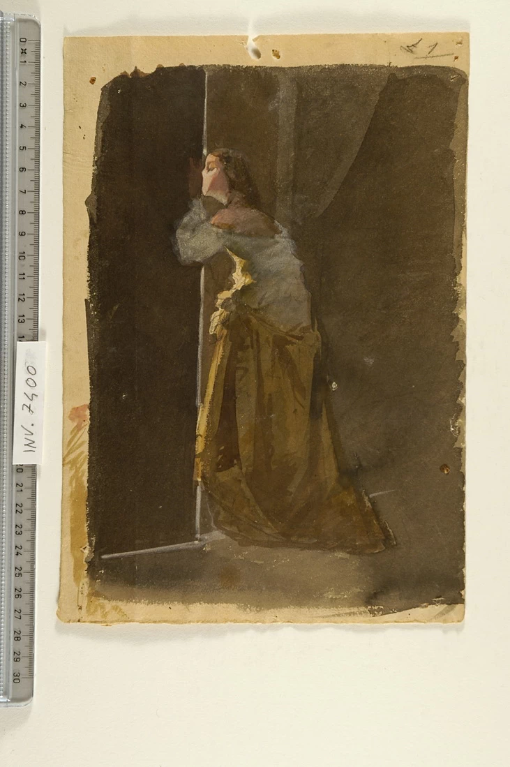 Figura femminile in piedi di profilo verso sinistra mentre guarda da una porta - Noviziato S. Ignazio, Bologna